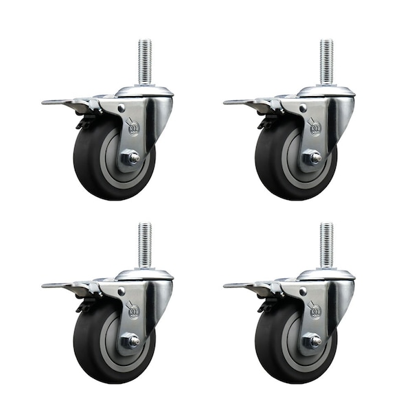 4 Inch Thermoplastic  Rubber Swivel 58 Inch Threaded Stem Caster Set with Total Lock Brake